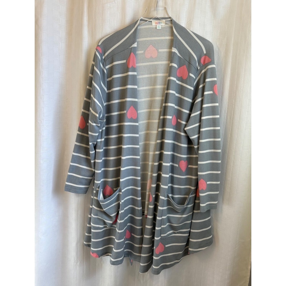 LuLaRoe Caroline Cardigan Sweater 2XL Grey White Striped Pink Hearts Open Front